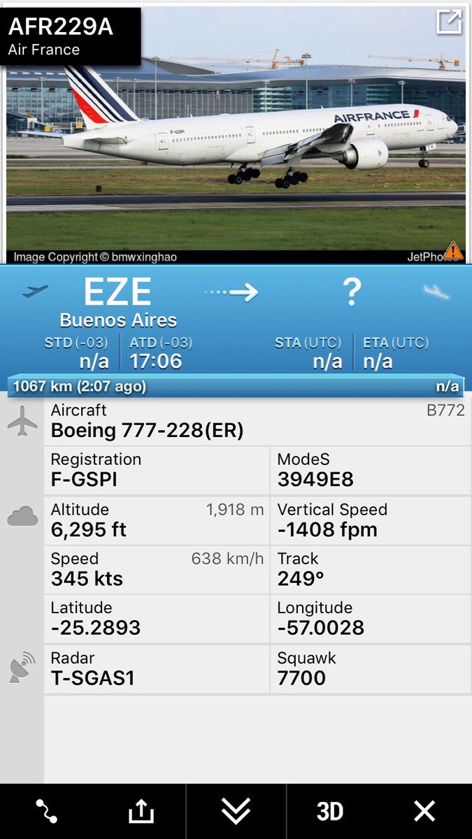 [AHORA] Un Boeing 777-200 de Air France cubriendo el vuelo AF229 entre Buenos Aires y París se encuentra en descenso hacia el aeropuerto Silvio Pettirossi. La aeronave se declaró en emergencia.