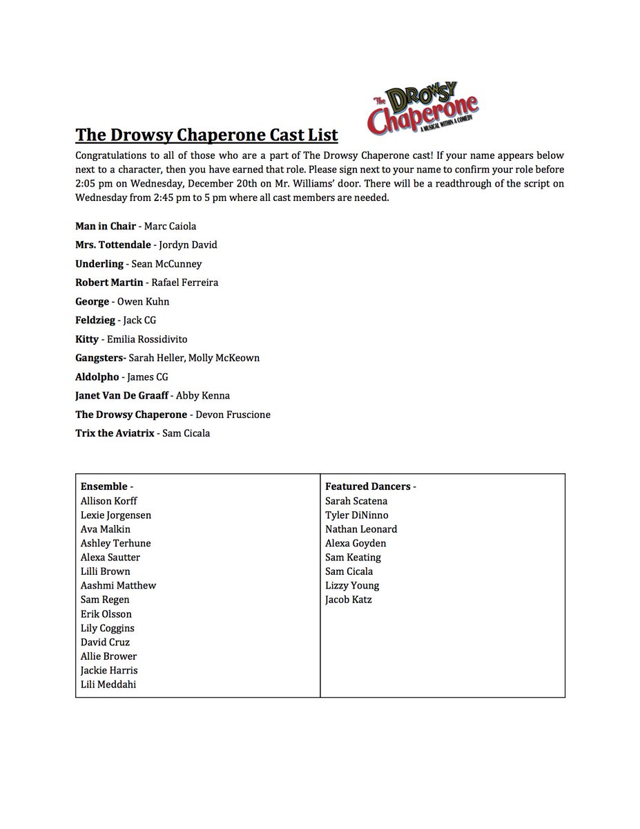 RvilleMusical's tweet photo. Congratulations to the cast of Drowsy Chaperone.  See you all tomorrow for the first read through! https://t.co/1NwtjOtB7W