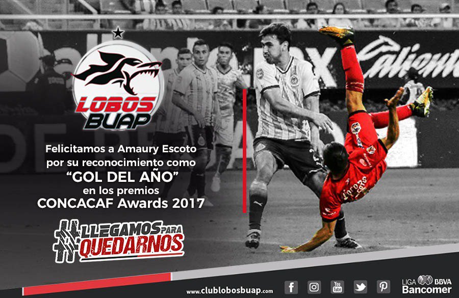 LobosBuapMX's tweet photo. El Club @LobosBuapMX felicita a @Escoto62 por su reconocimiento en los #CONCACAFAwards 2017 como 'Mejor Gol del Año ⚽️'.
¡Felicidades 👏👏! 
#UnLoboNuncaAúllaSolo https://t.co/Wr3fVJ8lEz