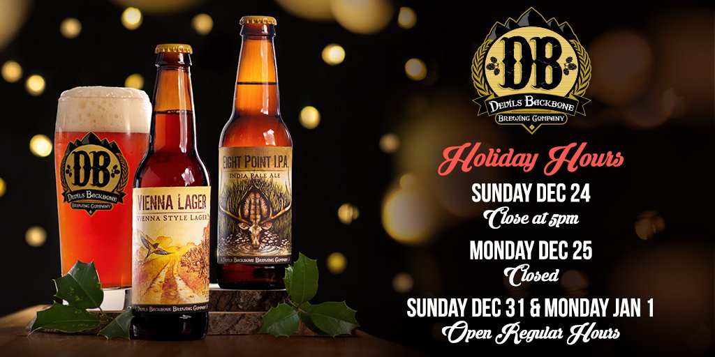 dbbrewingco's tweet photo. Hey folks, head's up on our #DBholiday hours at Basecamp Brewpub &amp; Meadows and Outpost Brewery &amp; Tap Room. Plan accordingly, come see us for a beer! Closed on 12/25, reopen reg hours 12/26 including open New Year's Eve and Day! #DBbeer #HoppyHolidays https://t.co/N35WV6t3B9