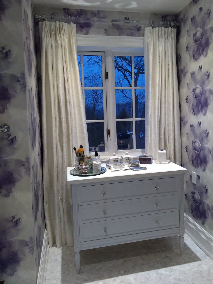 cameronmacneil's tweet photo. Just had these drapes installed in a client's bathroom. @jffabrics acrylic hardware is pretty chic! @crownwallpaper on the walls. https://t.co/XzLib52mEh