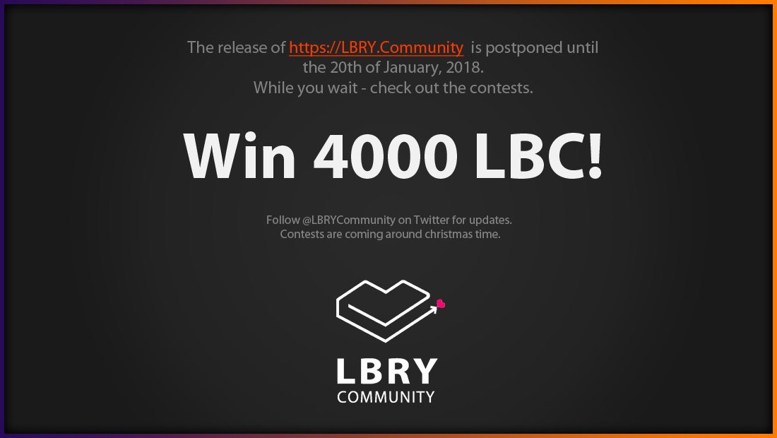 LBRYCommunity's tweet photo. $crypto $btc $ltc $xrp #LBRY @LBRYio 🎄 Contests coming around Christmas  time.😋 . Win 4000 $LBC ...  Follow us (@LBRYCommunity) for more updates.
Visit https://t.co/6MAJrZDDrd the 20th of January. https://t.co/3fHf6Kz1oG