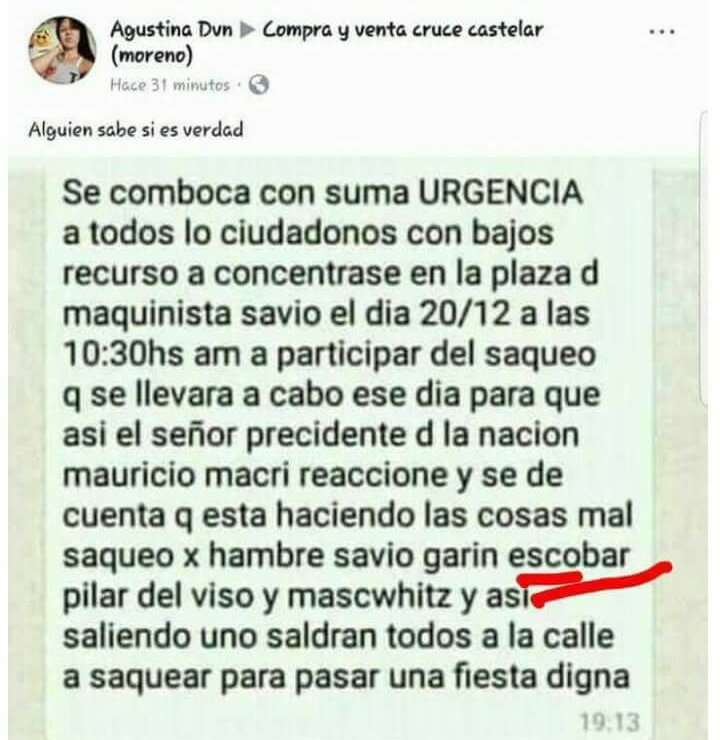aloMecha's tweet image. Patricia Bullrich . 
Esta chica  está a llamando a saquear los mercados . 
Espero una pronta detención y que se le aplique todo el peso de la ley . Gracias