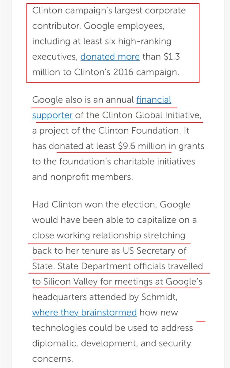 (2)  #Google has a very close relationship with Clinton, it goes all the way back to her days as Secretary of State. Not only did they donate heavily to her campaign they also support the Clinton Foundation. In fact the boss even made her campaign plan.