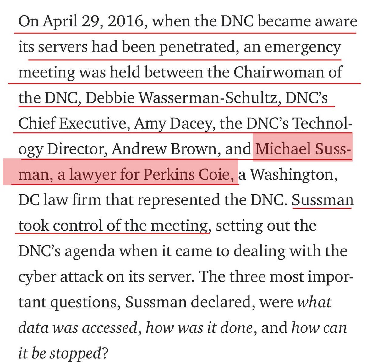 (5) Then a funny thing happened in April when  #DNC noticed the servers had been penetrated they didn’t call the FBI they had an emergency meeting of course and in that meeting was none other than Sussman from  #PerkinsCoie and he took control.