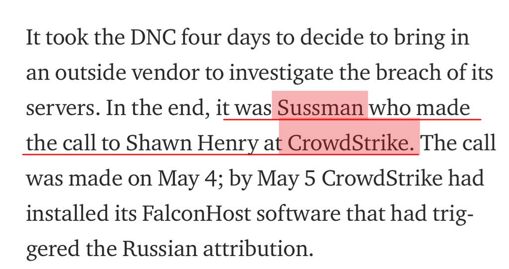 (6) Four days later, what did Sussman do? He called  #Crowdstrike why not enlist the help of a company owned by your longtime client Google.