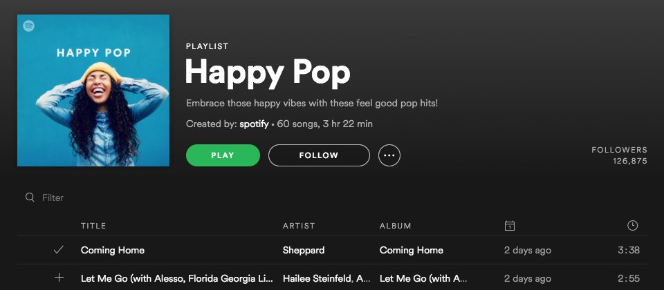 wearesheppard's tweet photo. Well that’s a bit spesh... Spotify just put #ComingHome at the top of their #HappyPop playlist! 😉 Stoked! Thanks so much @SpotifyAUNZ 😃 https://t.co/dY9uwu3YWZ
