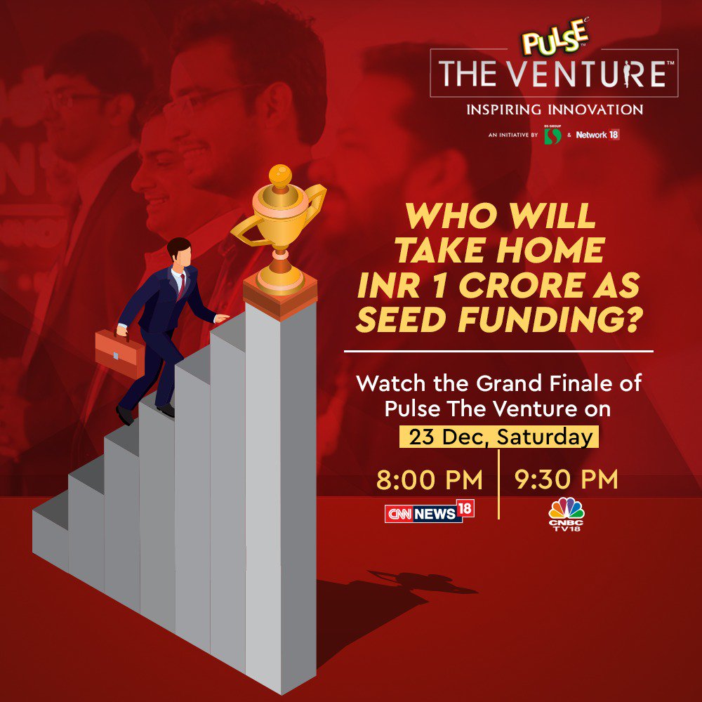 PulseTheVenture's tweet photo. Four ideas have ventured into the grand finale. Who will take home INR 1 Crore as seed funding?

Watch Pulse The Venture exclusively on 23rd December, Saturday at 8:00 PM on @CNNnews18 &amp; at 9:30 PM on @CNBCTV18Live 
#PulseTheVenture https://t.co/y8IHVPs1PT