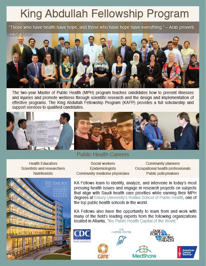 KAFPEMORY's tweet photo. To all Saudi nationals interested in earning an MPH at Rollins School of Public Health, apply to the King Abdullah Fellowship Program today! 

Email us at KAFPEMORY@GMAIL.COM for more details. https://t.co/MEaTAv0lWf