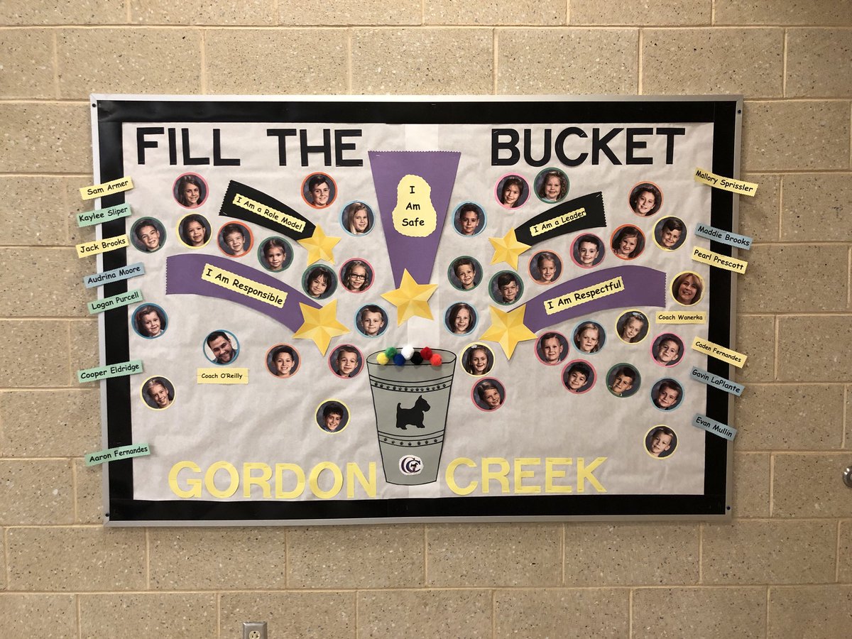 GCPhysEd's tweet photo. @GCPhysEd is announcing more Fill the Bucket Leaders in grades k-5. Congrats to 36 students so far chosen who are role models in PE. Their pictures/names are posted on bulletin board outside gym. #BSCSD #GordonCreekElem https://t.co/EVtGfqySlI