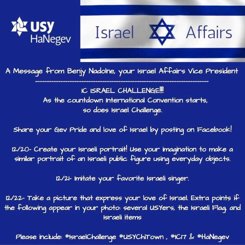 HaNegevUSY's tweet photo. HaNegev, we gotta win!!!! Join in on the Israel Challenge and don’t forget to hashtag #HaNegev so we can get points! #USYChiTown https://t.co/QDhkOgGRyc