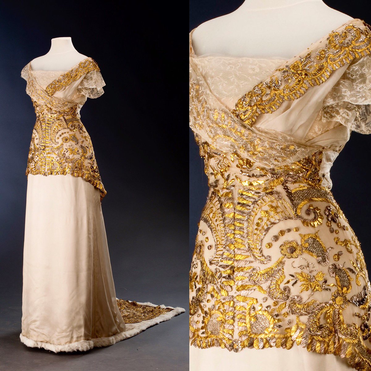 drapedinhistory's tweet image. Spectacular metallic embroidered trained gown with just a hint of fur trim at the hem, circa 1913. instagram.com/p/Bc5_OtsFPQF/ #history #embroidery