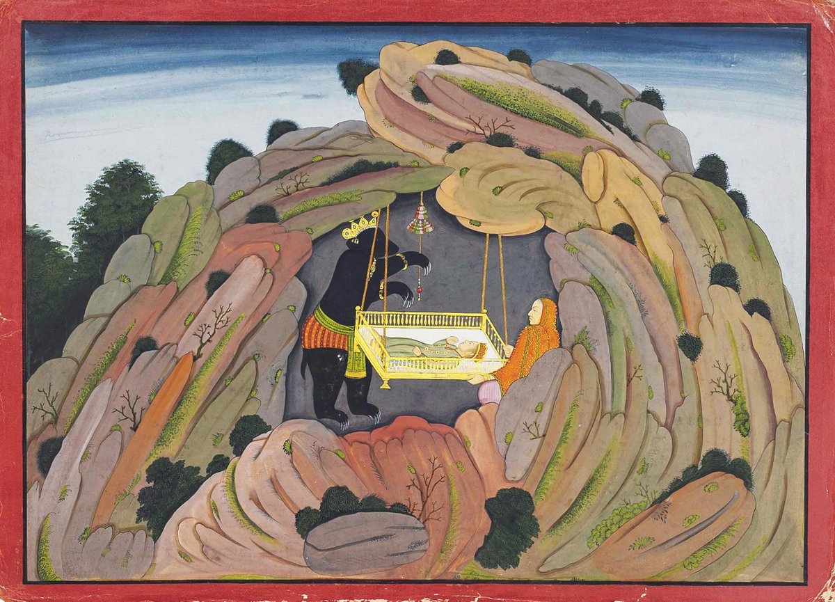 OnlineMythIndia's tweet photo. RT @dpanikkar: Jambavan gives the Syamantaka Jewel to his Daughter. Basohli or Guler, 1760. Christie's. https://t.co/Z3kEWSy3Uu #OU4993