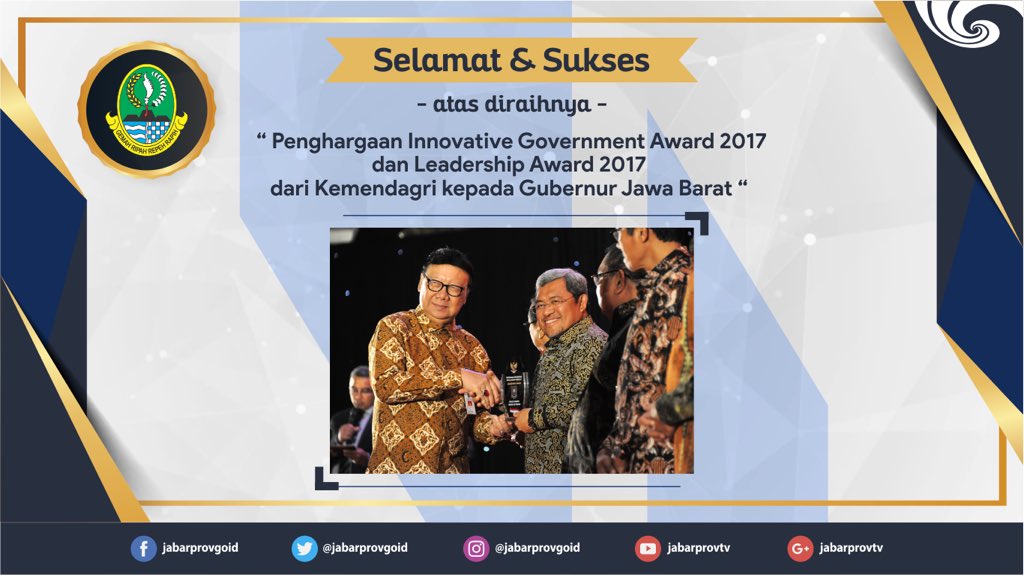 Selamat dan Sukses kepada Gubernur Jawa Barat <a href="/aheryawan/">Ahmad Heryawan</a> atas diraihnya penghargaan "Innovative Government Award 2017 dan Leadership Award 2017" dari <a href="/Kemendagri_RI/">KEMENDAGRI</a>
