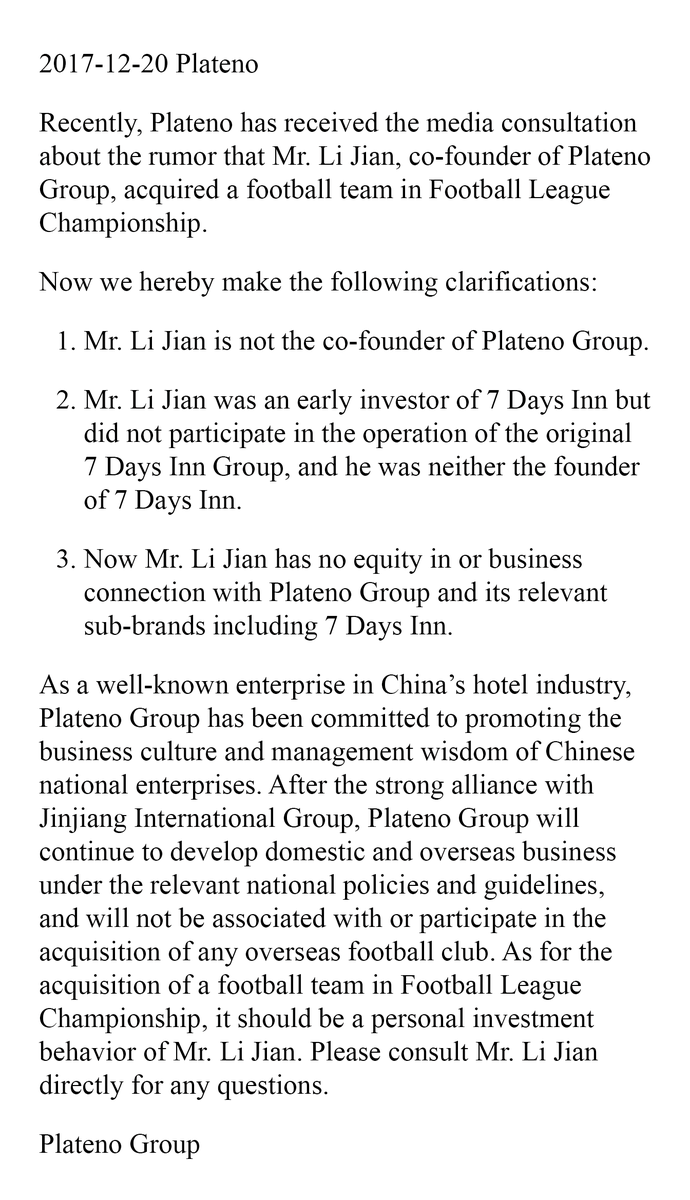 PlatenoGroup's tweet photo. Official Statement of Plateno Group: We are not involved in any acquisition of a football team in Football League Championship https://t.co/G605LzJMrm