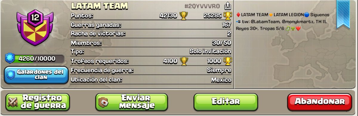 monykmartz's tweet photo. Reclutamos desde Th 10, mínimo de liga titán. Niveles de tropas 5/6, reyes lvl 30+ ☺️ https://t.co/U3NONY5lFQ
