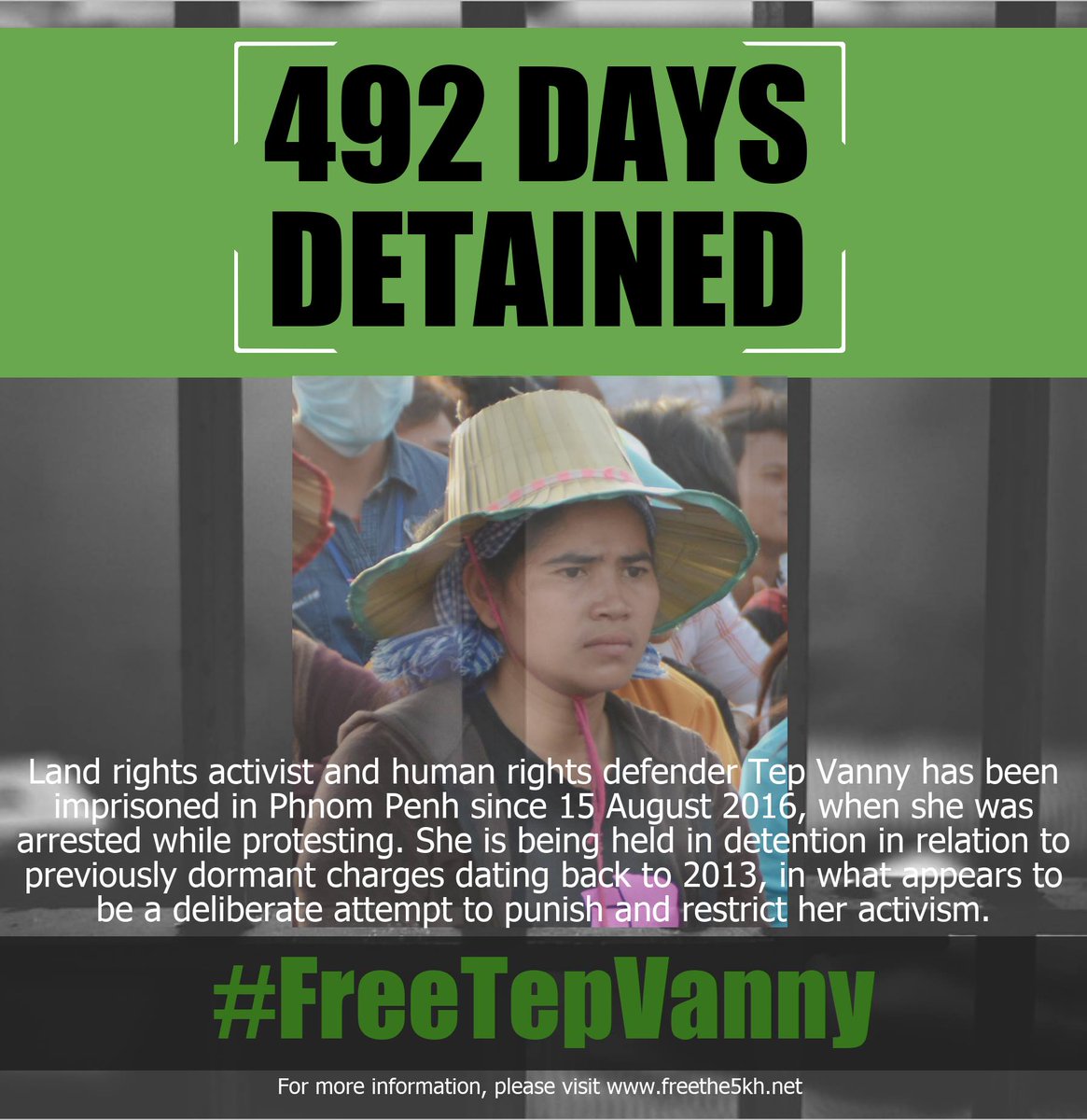 FreeThe5KH's tweet photo. Taking away individuals' right to peacefully protest when their home, land &amp; community are demolished is a #HumanRights violation. #TepVanny has been jailed for nearly 492 days. Help to #FreeTepVanny: https://t.co/uSQHtabOFI. #DefendersNotCriminals #Brave #HRD https://t.co/2GUkiobIH9
