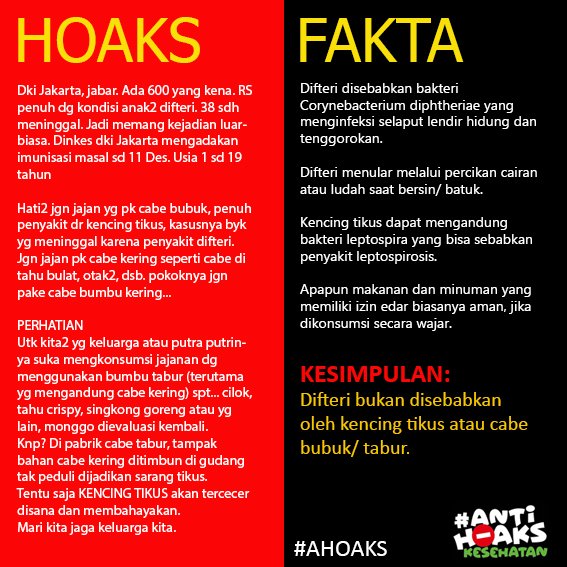 Ini #hoaks yang nebeng tenar kasus #difteri 

Faktanya, #Difteri disebabkan oleh bakteri corynebacterium diphtheriae, bukan disebabkan oleh kencing tikus atau cabe bubuk/tabur.

#antihoakskesehatan #ahoaks