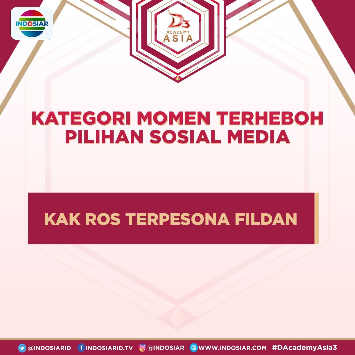 Ayo dukung Momen Kak Ros Terpesona Fildan sebagai Momen Terheboh Pilihan Sosial Media, dengan cara tweet #DAA3(spasi)Momen7 sekarang! 

Voting akan ditutup hari ini, pukul 17.00 WIB