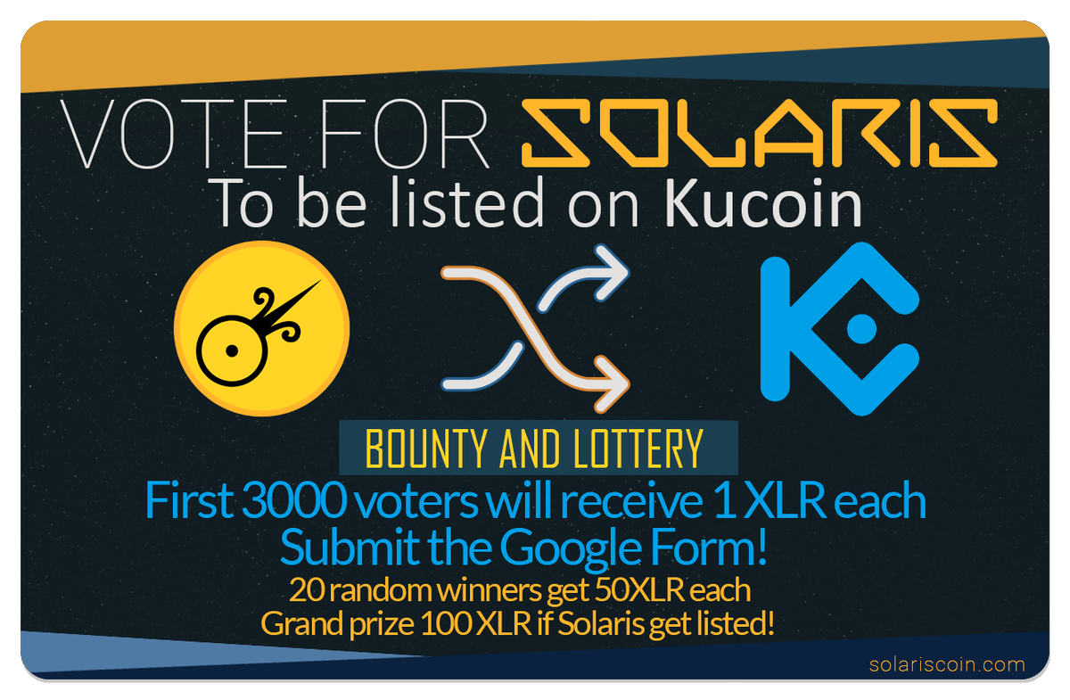 cryptotrader85's tweet photo. Please help get #Solaris listed on @kucoincom by retweeting this tweet => https://t.co/3gyDuY2tqt Also everyone has a chance to win some free $XLR @CryptoGucci @iamdylanavery @nekocatspretty @Bobcoin322 @Vitalybcn @elderiii @crypto_earning @Invest_It_All @hodljt @Jackfirth https://t.co/IvuZRakvwH