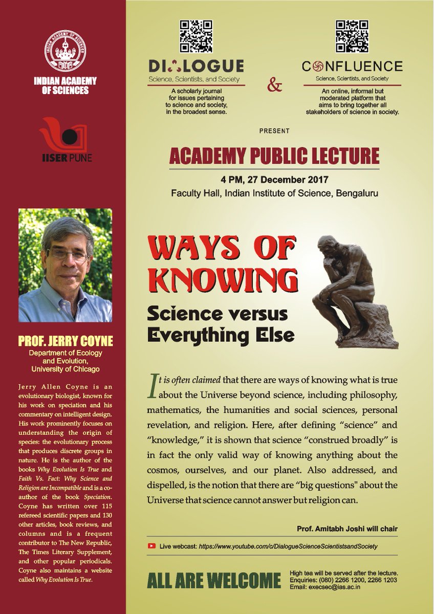 joshiamitabhevo's tweet photo. Dialogue and Confluence (@DialogueSSS @ConfluenceSSS) at @IAScBng announce a public talk by Prof. Jerry Coyne @Evolutionistrue on 27th December 4 pm at Faculty Hall, @iiscbangalore https://t.co/pUTrNGE73x