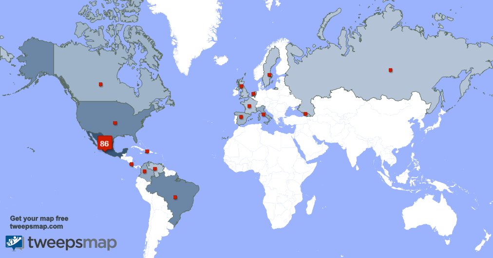 Mis seguidores viven en México(85%),Brasil(5%),Estados Unidos(4%) y más tweepsmap.com/!bangbangdf