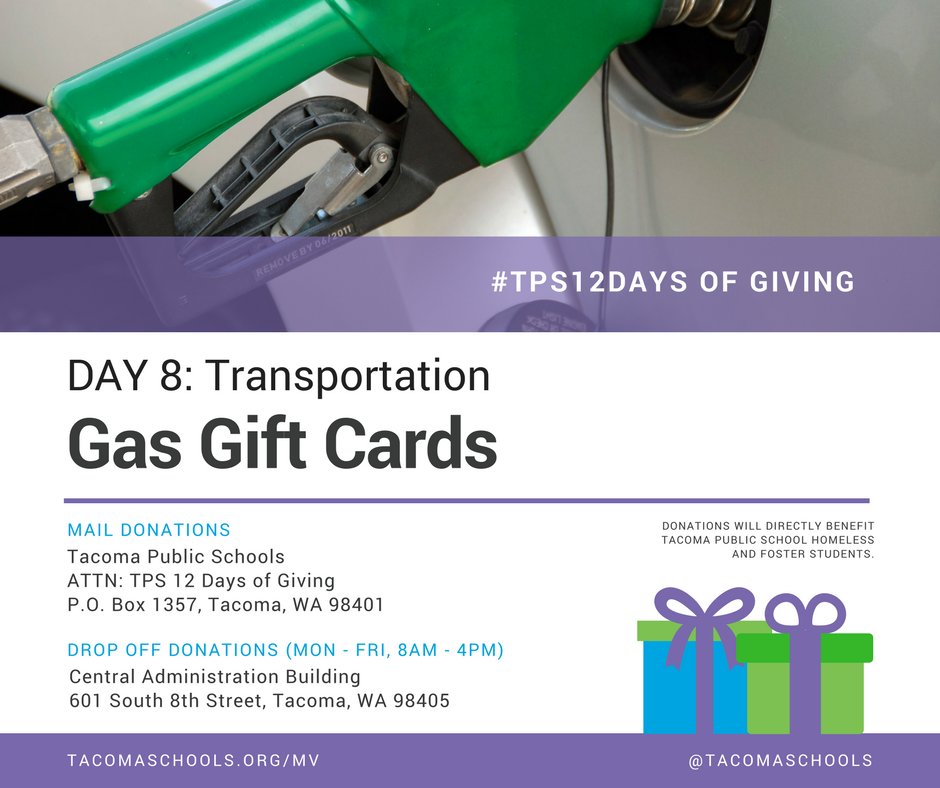 tacomaschools's tweet photo. McKinney-Vento helps keep students attending their school of origin if their families are facing housing instability and/or homelessness. Help our students get to and from school while their district transportation is being arranged. #TPS12Days of Giving, Day 8: Gas Gift Cards https://t.co/s0vUDLXnng