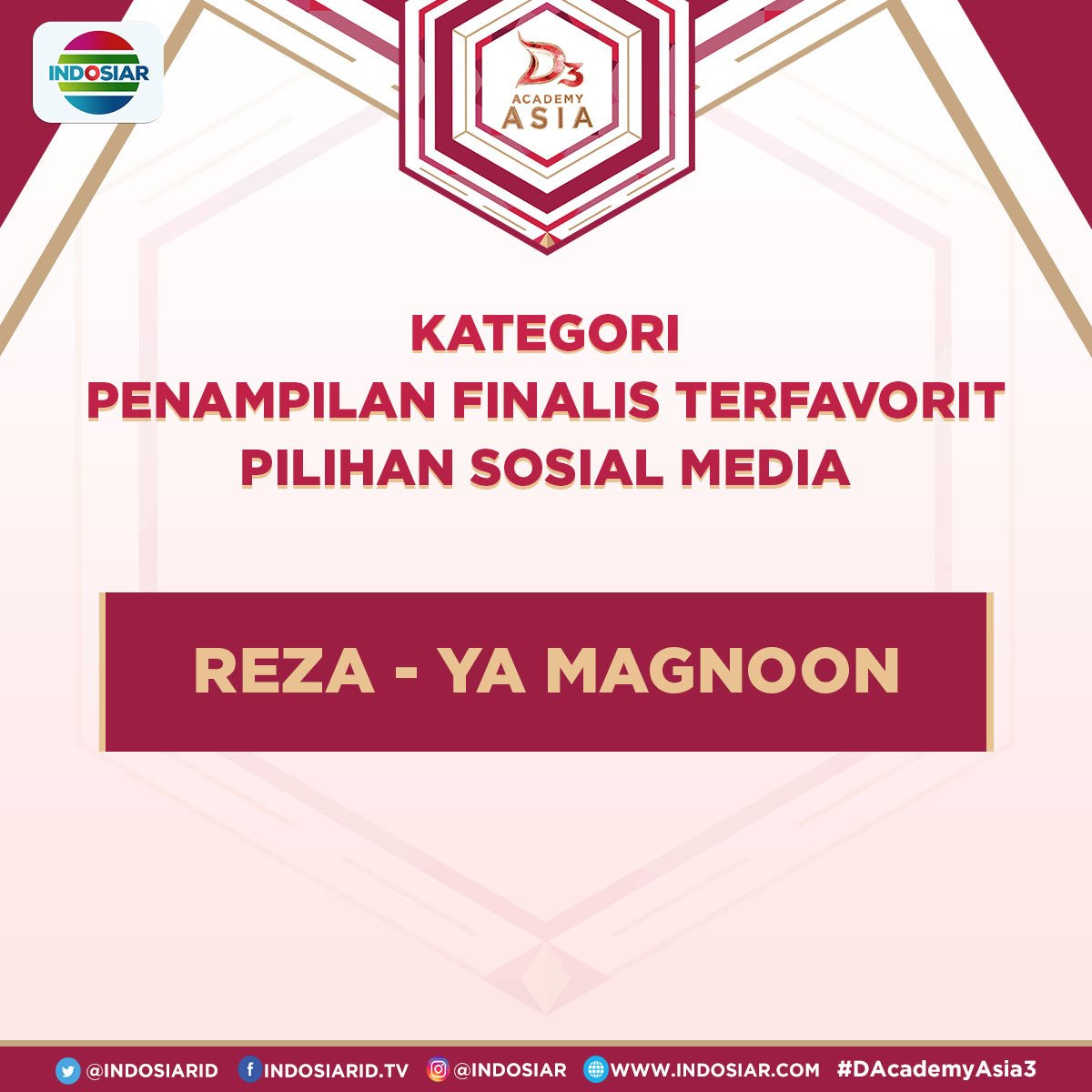 Ayo dukung Reza - Ya Magnoon sebagai Penampilan Finalis Terfavorit Pilihan Sosial Media, dengan cara tweet #DAA3(spasi)Penampilan9

Voting akan ditutup hari ini, pukul 17.00 WIB