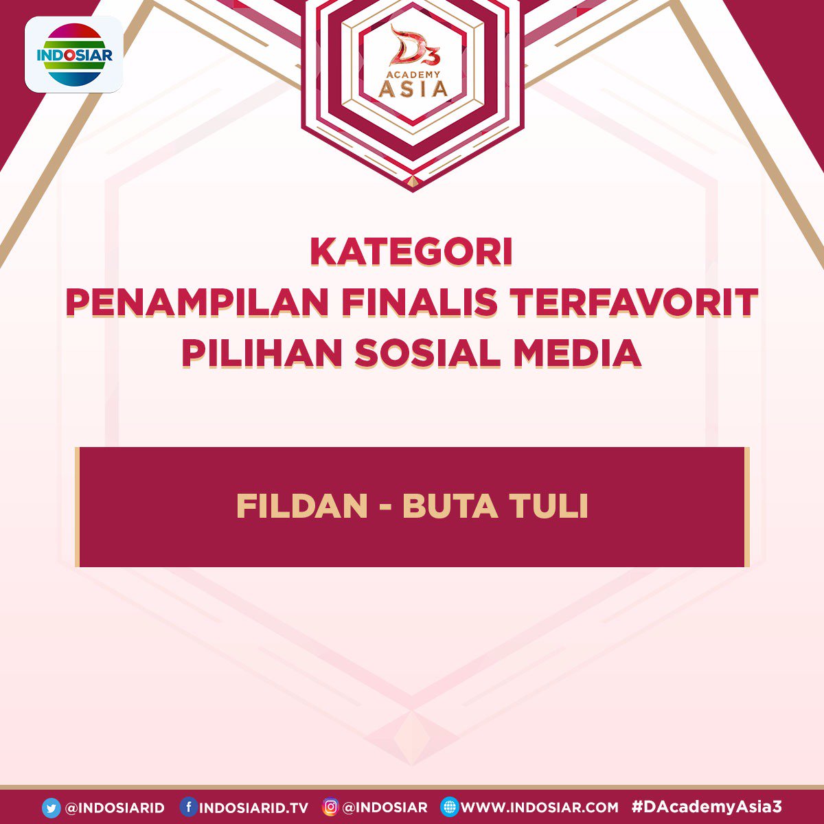 Ayo dukung Fildan - Buta Tuli sebagai Penampilan Finalis Terfavorit Pilihan Sosial Media, dengan cara tweet #DAA3(spasi)Penampilan4

Voting akan ditutup hari ini, pukul 17.00 WIB