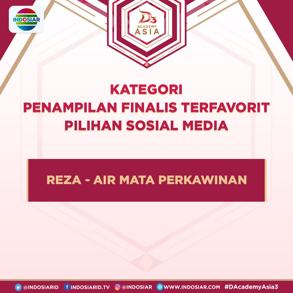 Ayo dukung Reza - Air Mata Perkawinan sebagai Penampilan Finalis Terfavorit Pilihan Sosial Media, dengan cara tweet #DAA3(spasi)Penampilan7

Voting akan ditutup hari ini, pukul 17.00 WIB