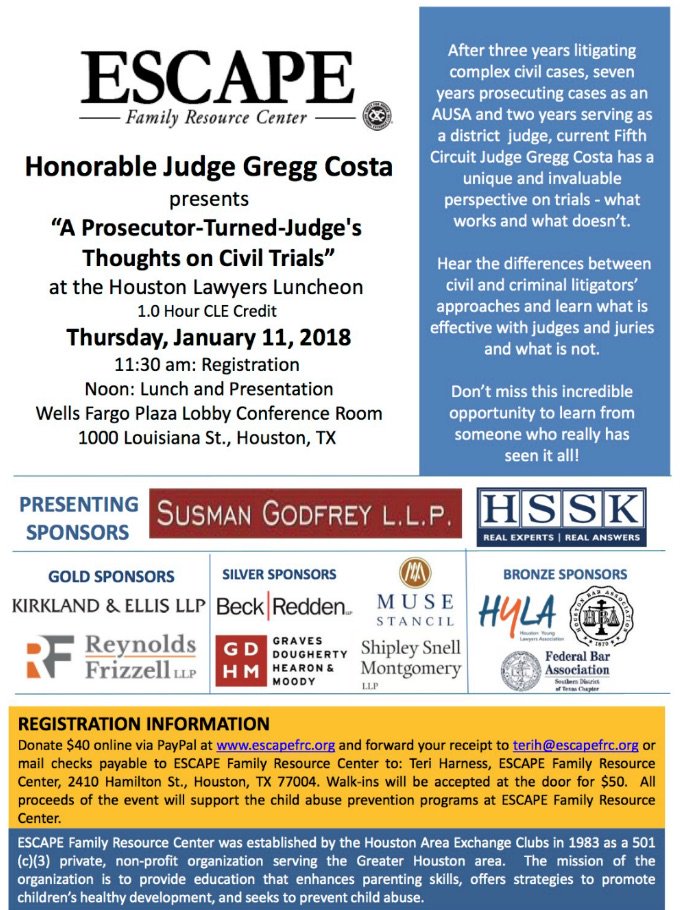 escapefrc's tweet image. Register today for the next Houston Lawyers Luncheon on Jan. 11. goo.gl/BCaKM7