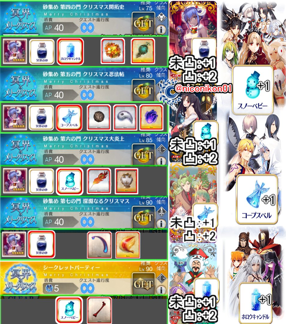 Kon Fgo Fgoイベント 冥界のメリークリスマス アイテム サポ礼装 周回効率がいい場所まとめました キャンドル 第4の門 ベル 第5の門 ベビー 第6の門 冥界の砂 第7の門 シークレットパーティはボッタクリパーティですね 間違いなどありま