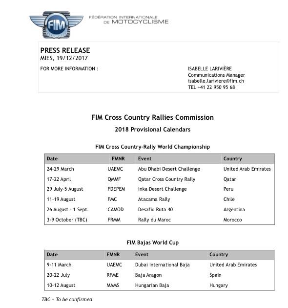 Wstępny kalendarz rajdów na sezon 2018. Szykuje się niezłe, wakacyjne tourne po Ameryce Południowej!