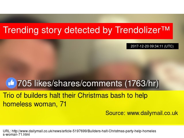 Trendolizer's tweet photo. Trio of builders halt their #Christmas bash to help homeless woman, 71 #RogerHartigan #Bristol... https://t.co/kfDNgjb9uy https://t.co/v1RyE4r8x7