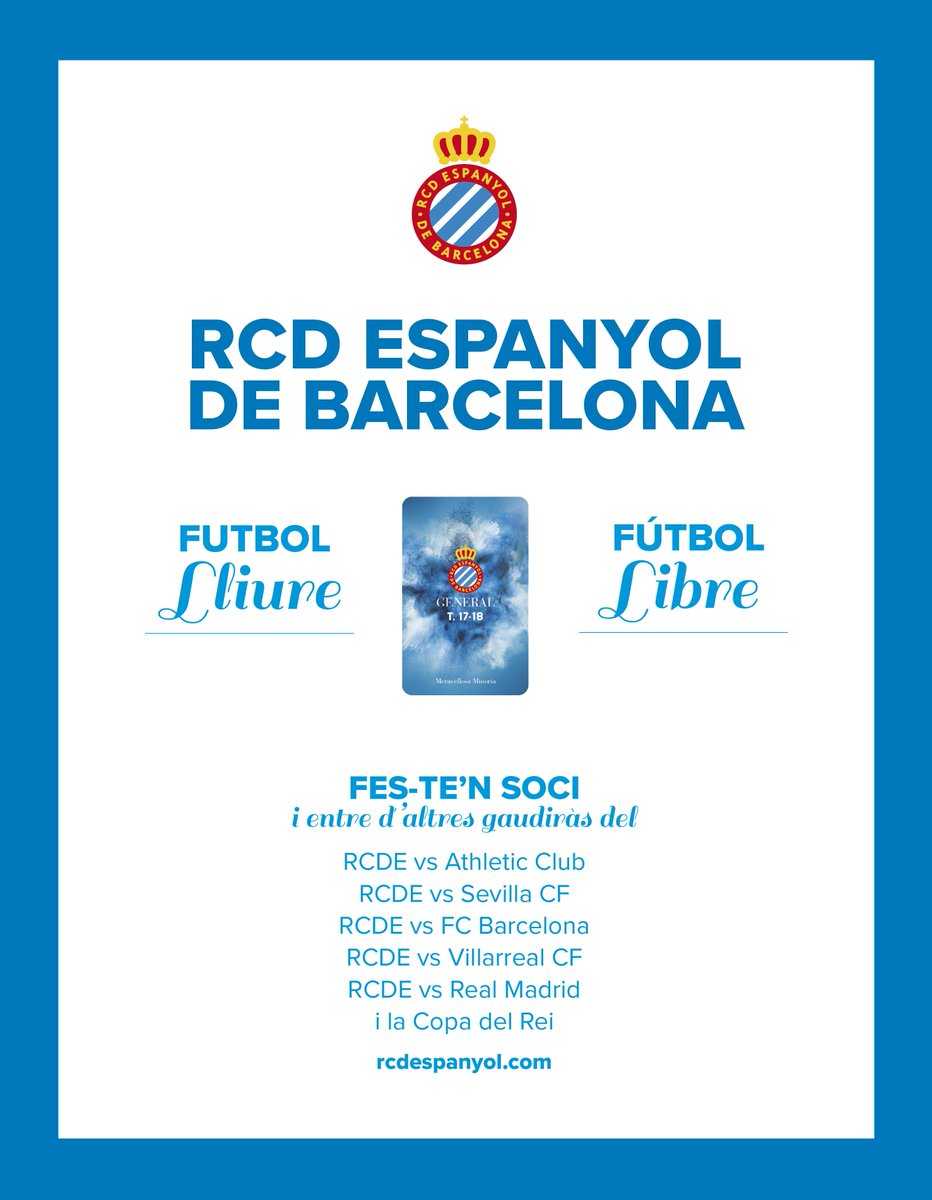 RCDEspanyol's tweet photo. Campanya d'abonaments 2a volta:

- Estalvi del 40% en totes les localitats.

- Estalvi del 50% en totes les zones de l'#RCDE Stadium per Júniors.

- Carnets Infantils tenen un preu de 50€, suposa un estalvi del 70 al 75% a la T. Presidencial.

+ Info: https://t.co/mRLNgv4DFY https://t.co/cCz5aDsJCd