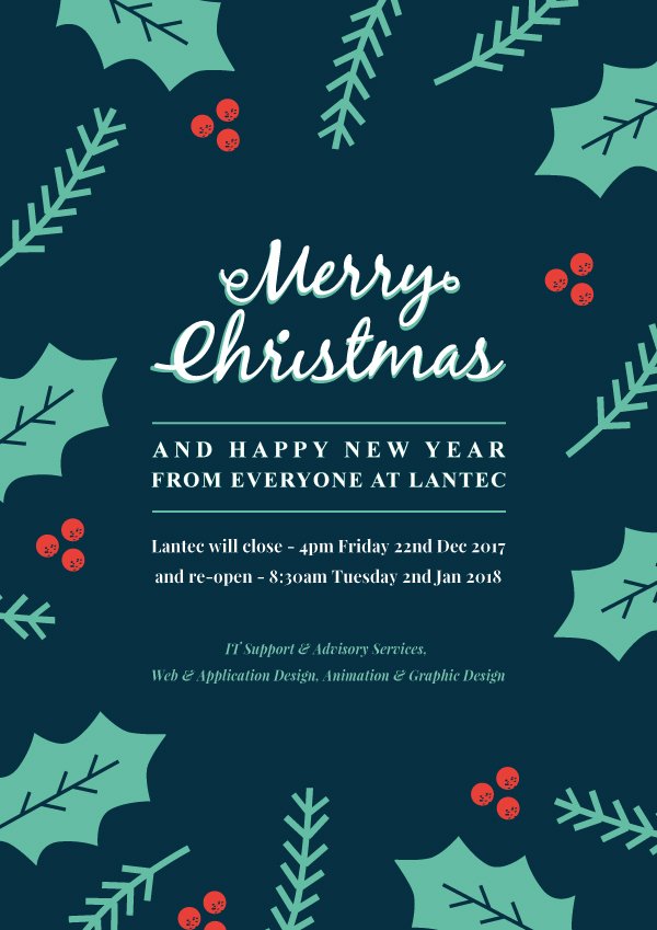 🌲🎅 5 more sleeps till Christmas 🎅🌲
Our office will be closing 4pm this Friday 22nd Dec and will re-open 8:30am 2nd Jan 2018. Merry Christmas from everyone at Lantec and a Happy New Year ✨
#MerryChristmas #ecard #christmasdcard