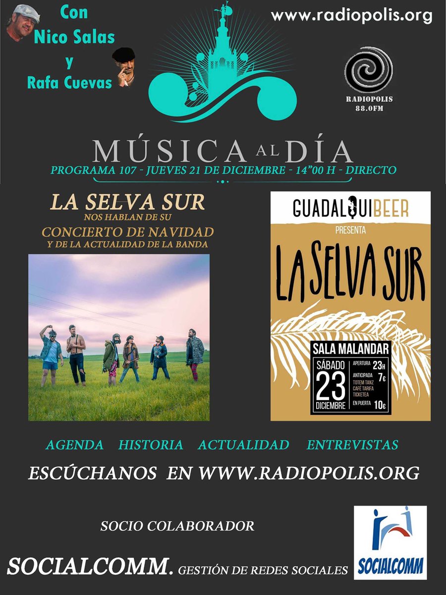 JUEVES 21: Nos visitan @laselvasur que nos hablarán de su Concierto de Navidad, el día 23 en <a href="/SalaMalandar/">Sala Malandar</a> En "Sección Historia" hablaremos de <a href="/rarefolk/">RAREFOLK_oficial</a>
De 14 a 15 en radiopolis.org con <a href="/Nico1Salas/">Nico Salas</a> <a href="/RafaCuevas68/">Rafa Cuevas</a>
Colabora <a href="/socialcomm2015/">SocialcoMM Marketing Digital</a>