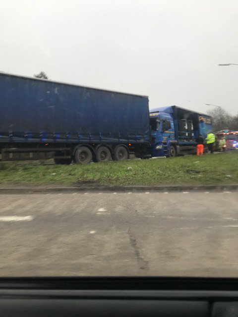 GHR_WestNorfolk's tweet photo. Two lorries have crashed on the #PulloverRoundabout in #KingsLynn, police and fire crews are on the scene: https://t.co/yhB85A16kD https://t.co/MLPU4mALTT