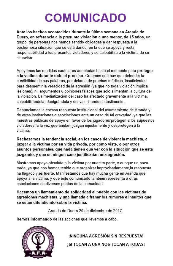 feministesbcn's tweet photo. Comunicat de l'Assemblea feminista d'#Aranda en solidaritat amb la menor agredida per violació múltiple. 
Ajudeu a difondre? 
per més info seguiu a @ARANDAFEMINISTA https://t.co/YejjmkB84E