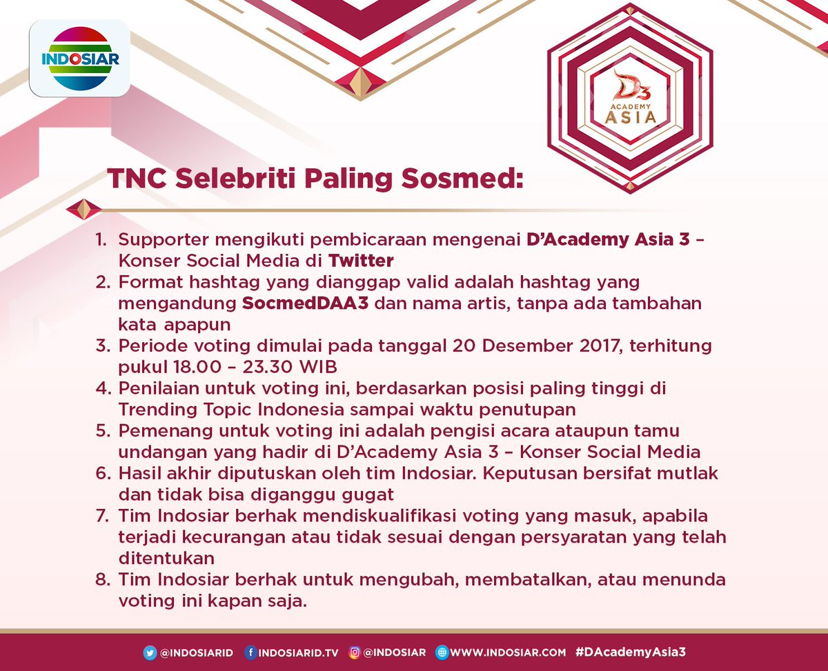 Indosiar Mania!
Di #KonserSocmedDAA3 nanti malam, akan ada pemenang untuk kategori Selebriti Paling Sosmed yang bisa kamu dukung via twitter.

Cek mekanisme dan TNC berikut ini ya!