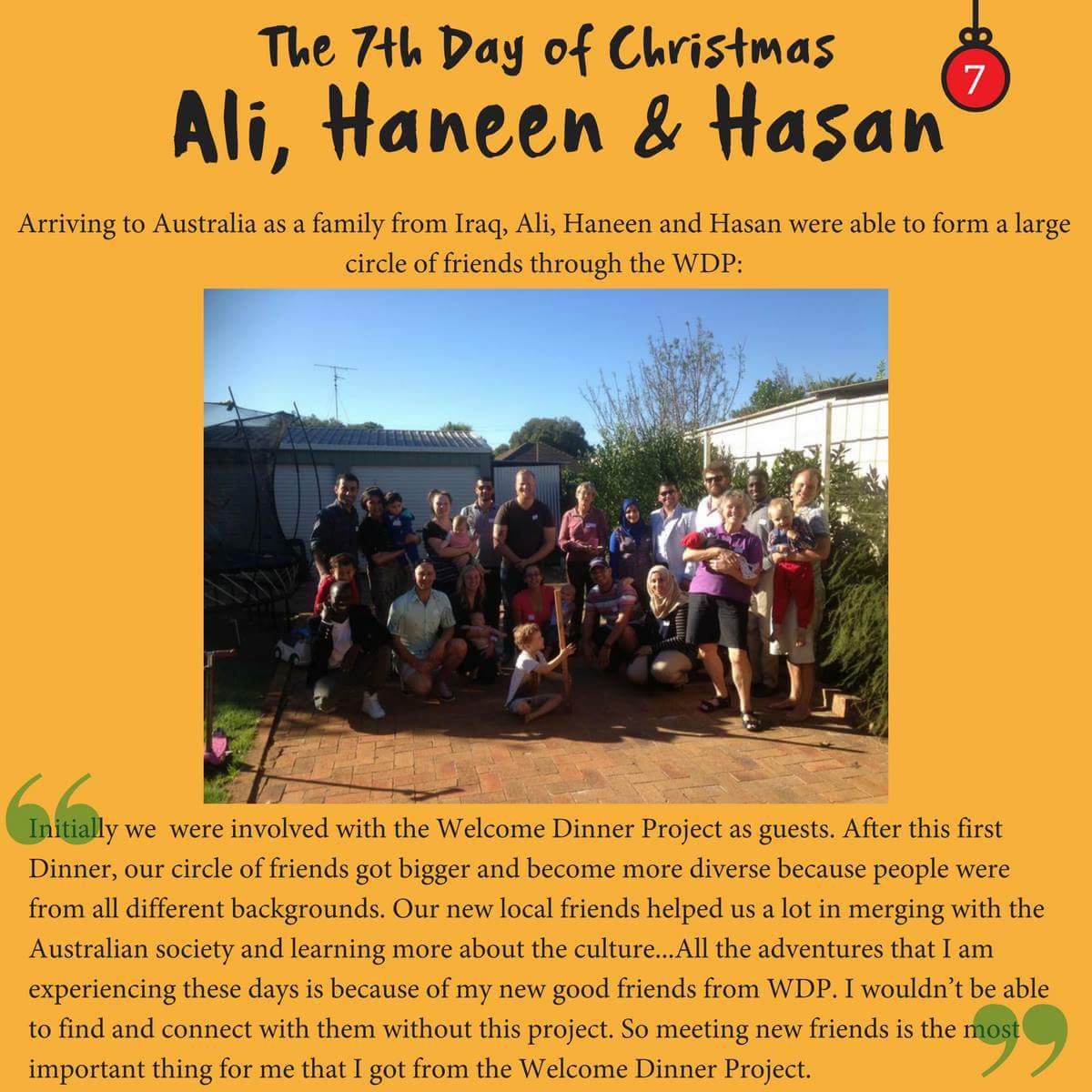On the 7th Day of Christmas, we share Ali, Haneen and Hasan's uplifting experience of The Welcome Dinner Project. Read their full story on the blog: bit.ly/2D6BLZL