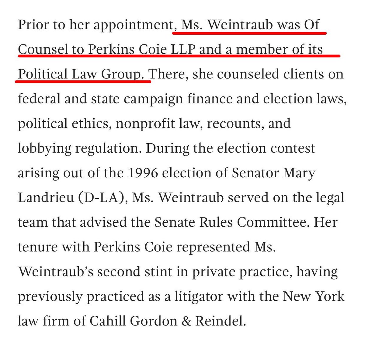 (12) You might be wondering how all this money from Democrats makes it to  #PerkinsCoie without raising any red flags with the  #FEC ?!? Ah well, the commissioner is a former lawyer there as part of their Political Law Group 