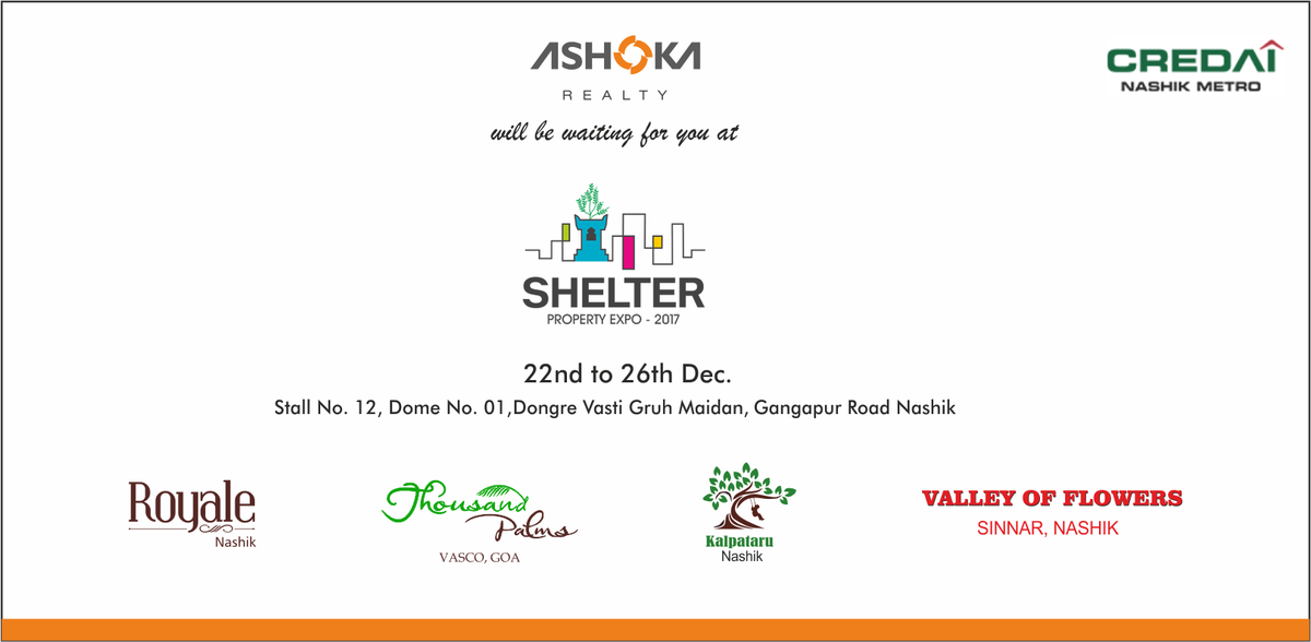 <a href="/ashoka_realty/">Ashoka Realty</a> invites you all for Shelter 2017 a property expo at Dongre Vasti Gruh Maidan, Nashik from 22nd Dec. to 26th Dec. 2017
ashokarealty.in
#nashiks #exhibition #propertyexpo #budgethomes #affordablehousing #GST #nostampduty