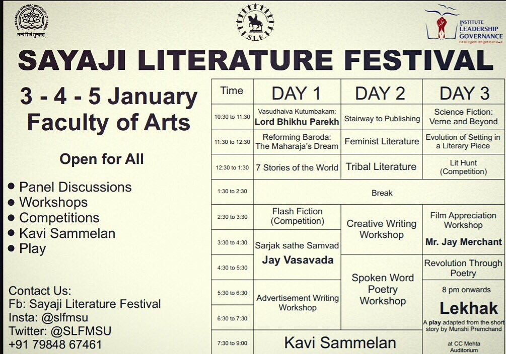 SLF_MSU's tweet photo. #sayajiliteraturefestival #schedule #literatureevent #slfmsu2018 #slf2018 #themaharajasayajiraouniversityofbaroda #msubaroda #facultyofarts https://t.co/Z3IEkPX1uc