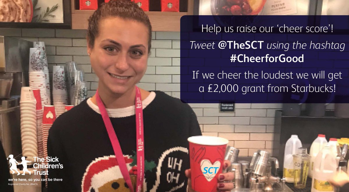 Today is our last chance to win £2,000 from <a href="/StarbucksUK/">Starbucks UK</a> but we need your support! Please tweet us with our handle <a href="/TheSCT/">The Sick Children's Trust</a> including the hashtag #CheerforGood or retweet our Cheer For Good tweets onto your homepage! Thank you and Merry Christmas!