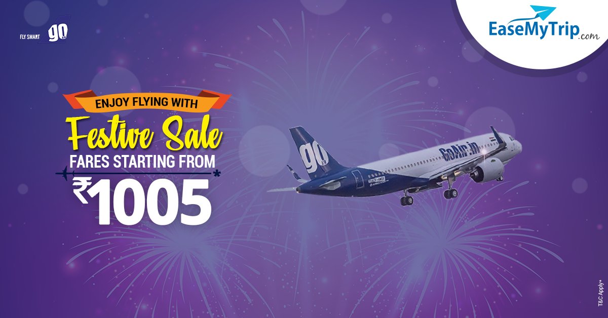 EaseMyTrip's tweet photo. Enjoy Flying with Amazing Festive Sale. Fares Starting from Rs. 1005/-
#GoAir #FestiveOffer #FlightsOffer #OfferOfTheDay #GoAirOffer #EaseMyTrip #TravelWithEaseMyTrip #SafarKareAasaan

Visit Here: https://t.co/QzNdwJ3SL2 https://t.co/les2oPyaBR