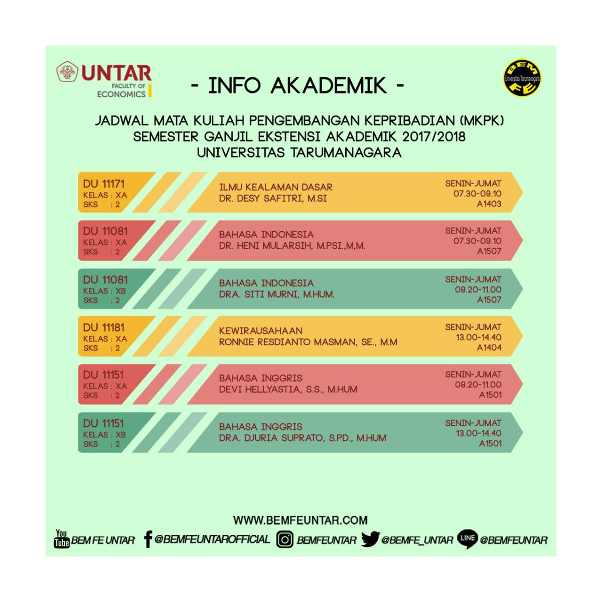 -INFO AKADEMIK-

Jadwal Mata Kuliah Pengembangan Kepribadian (MKPK) Semester Ganjil Ekstensi Tahun Akademik 2017/2018 Universitas Tarumanagara.

#infoakademik #BEMFEUNTAR #FEUNTAR #UNTAR