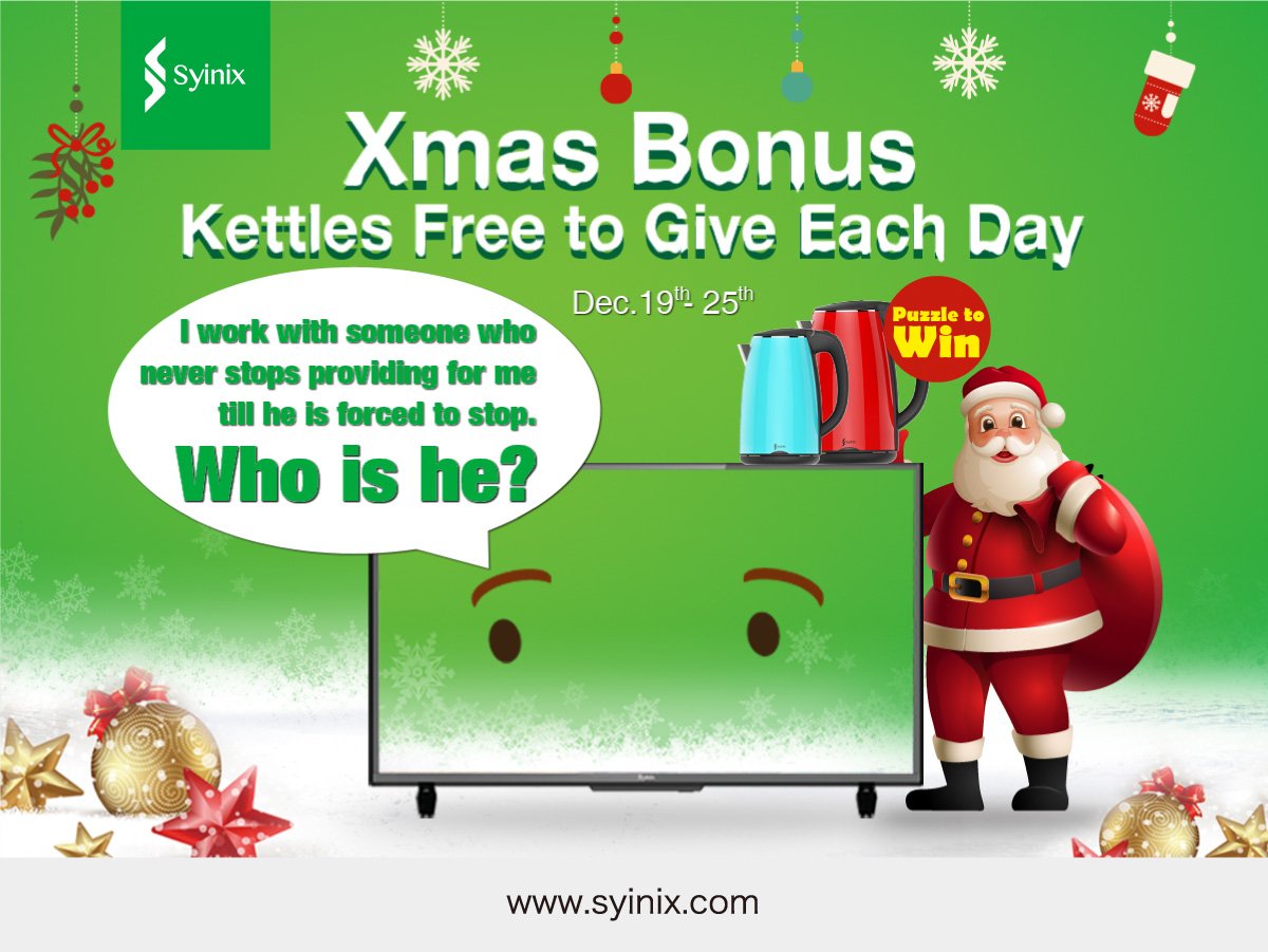 Syinix_Kenya's tweet photo. Syinix Xmas bonus comes early,,,, #syinixelectronicsKe
 
I work with someone who never stops providing for me until he is forced to stop. Who is he??   

Yesterday quiz still on winner to be announced today,,,,, Like ,share and give a correct answer and you could be our winner https://t.co/JG7rujlYdV