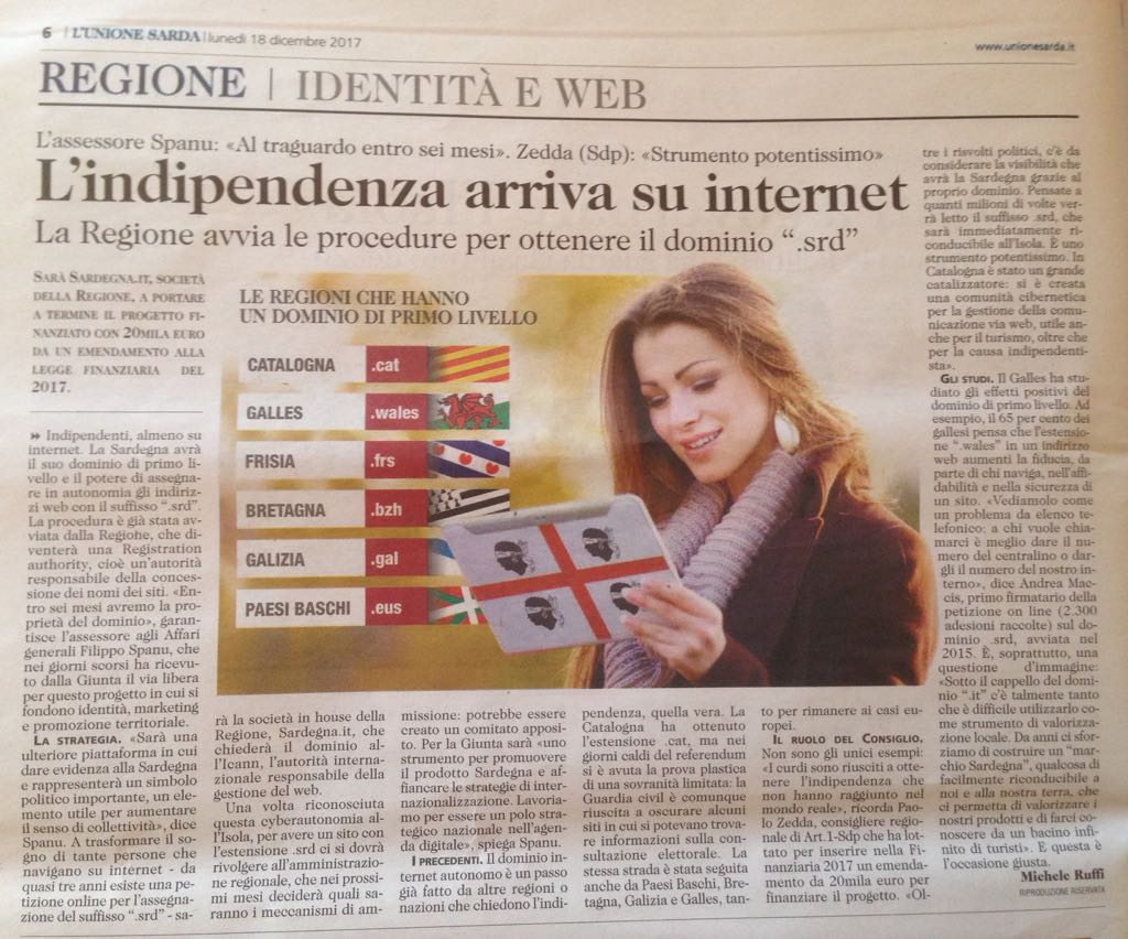 Finalmente la Regione Sardegna ha avviato le pratiche per la richiesta di attivazione del dominio .srd.
Questa notizia ci rende doppiamente felici, in quanto la battaglia sul  dominio di primo livello è stata portata avanti anche da #lìnguabia già da tempo.
#.srd