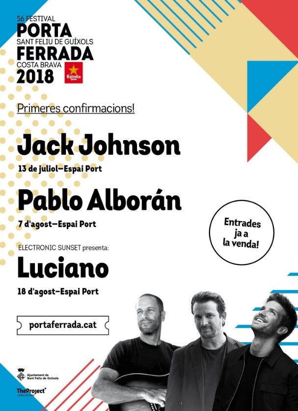 Cati_Girona's tweet photo. El músic @jackjohnson obrirà el Festival de la @PortaFerrada el 13 de juliol de 2018. També hi seran @pabloalboran, el 7 d'agost, i #Luciano, en una sessió d' #ElectronicSunset el 18 d'agost. https://t.co/HctC6x7G7v